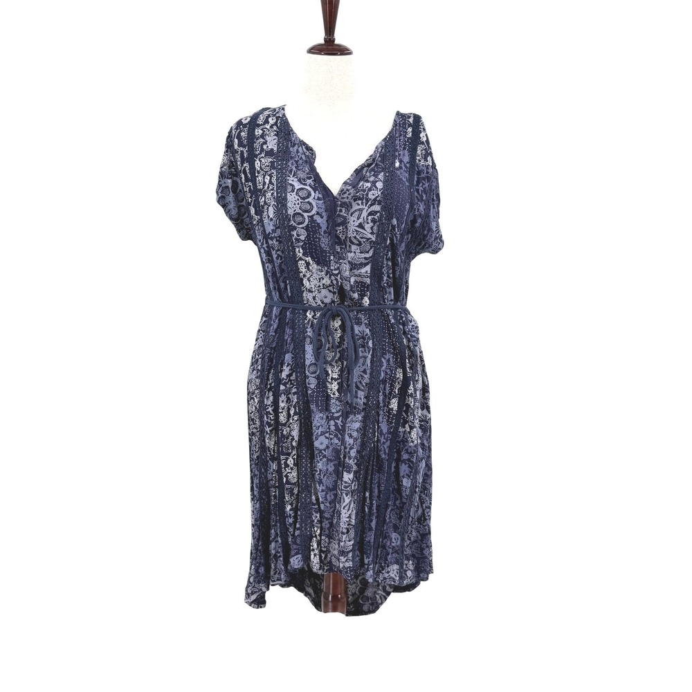 Lucky Brand Blue Patchwork Floral Crochet Lace Midi Dress Drawstring Waist L